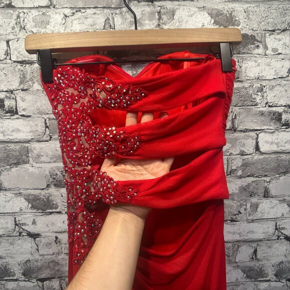 EUC Xscape Strapless Beaded Cut Out Back Prom Dress Size 0 (Red) STYLE# XS6876 - Picture 9 of 15